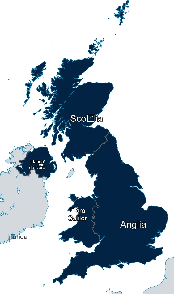 Harta Regatului Unit cu zona acoperită de ETA: Anglia, Scoția, Țara Galilor și Irlanda de Nord